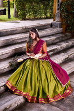 Thumbnail for Evanik Pista South-style Kanchipuram silk lehenga With Unstitched Blouse & Dupatta