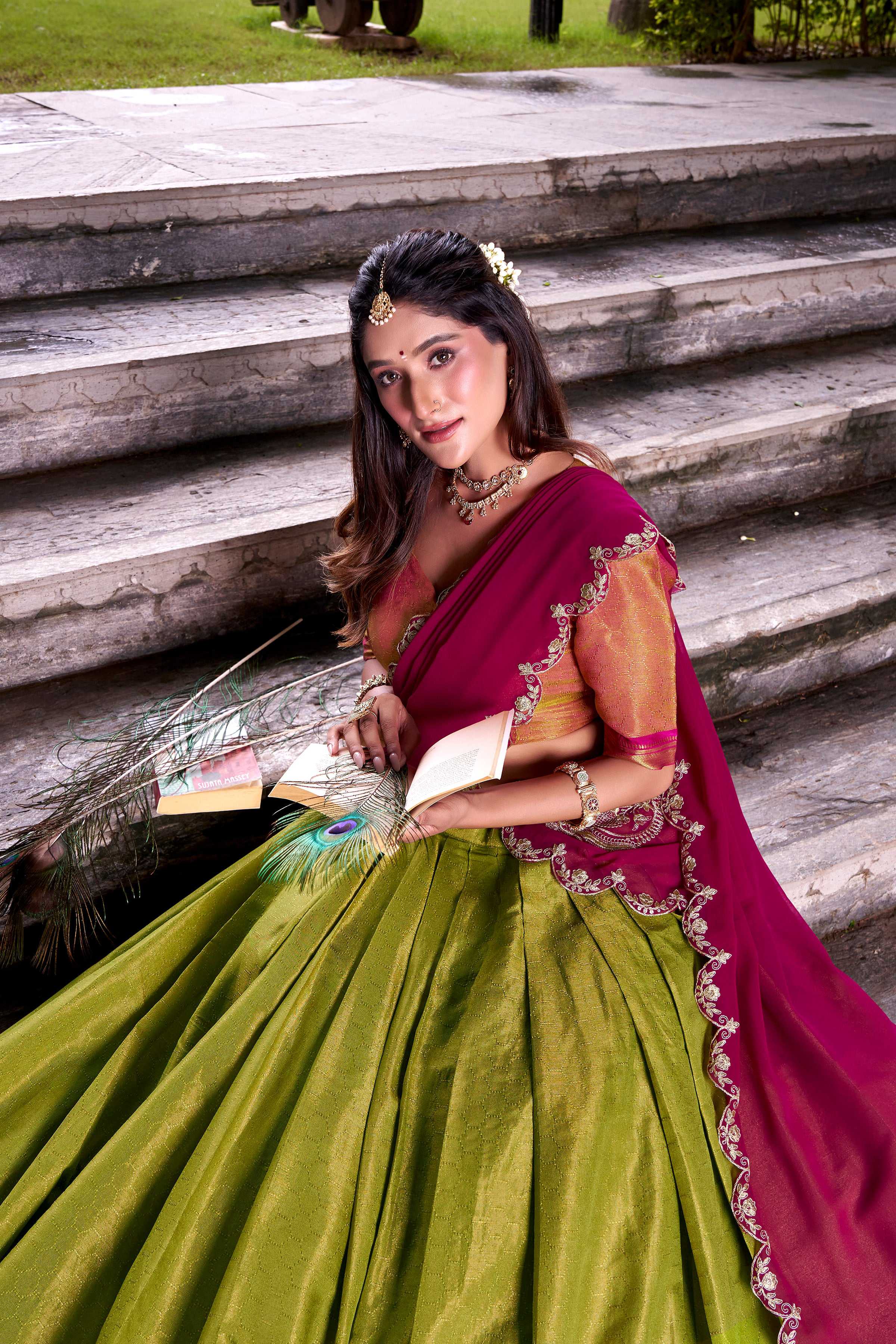 Evanik Pista South-style Kanchipuram silk lehenga With Unstitched Blouse & Dupatta