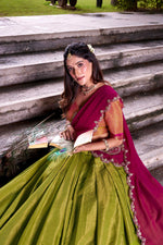 Thumbnail for Evanik Pista South-style Kanchipuram silk lehenga With Unstitched Blouse & Dupatta