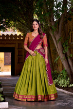 Thumbnail for Evanik Pista South-style Kanchipuram silk lehenga With Unstitched Blouse & Dupatta