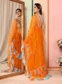 Thumbnail for Partywear Designer Orange Net Fancy Saree - Dyuti