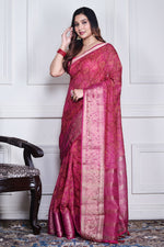 Thumbnail for Morchari Pink Script Printed Orzanga Saree Unstitched Blouse