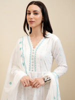 Thumbnail for Vishudh White Embroidered Pure Cotton Anarkali Panelled Kurta With Trousers & Dupatta - Distacart