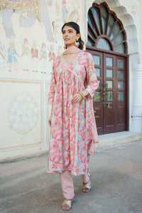 Thumbnail for Vaasva Women Peach Muslin Embroidered Kurta, Pant & Dupatta Set - Distacart