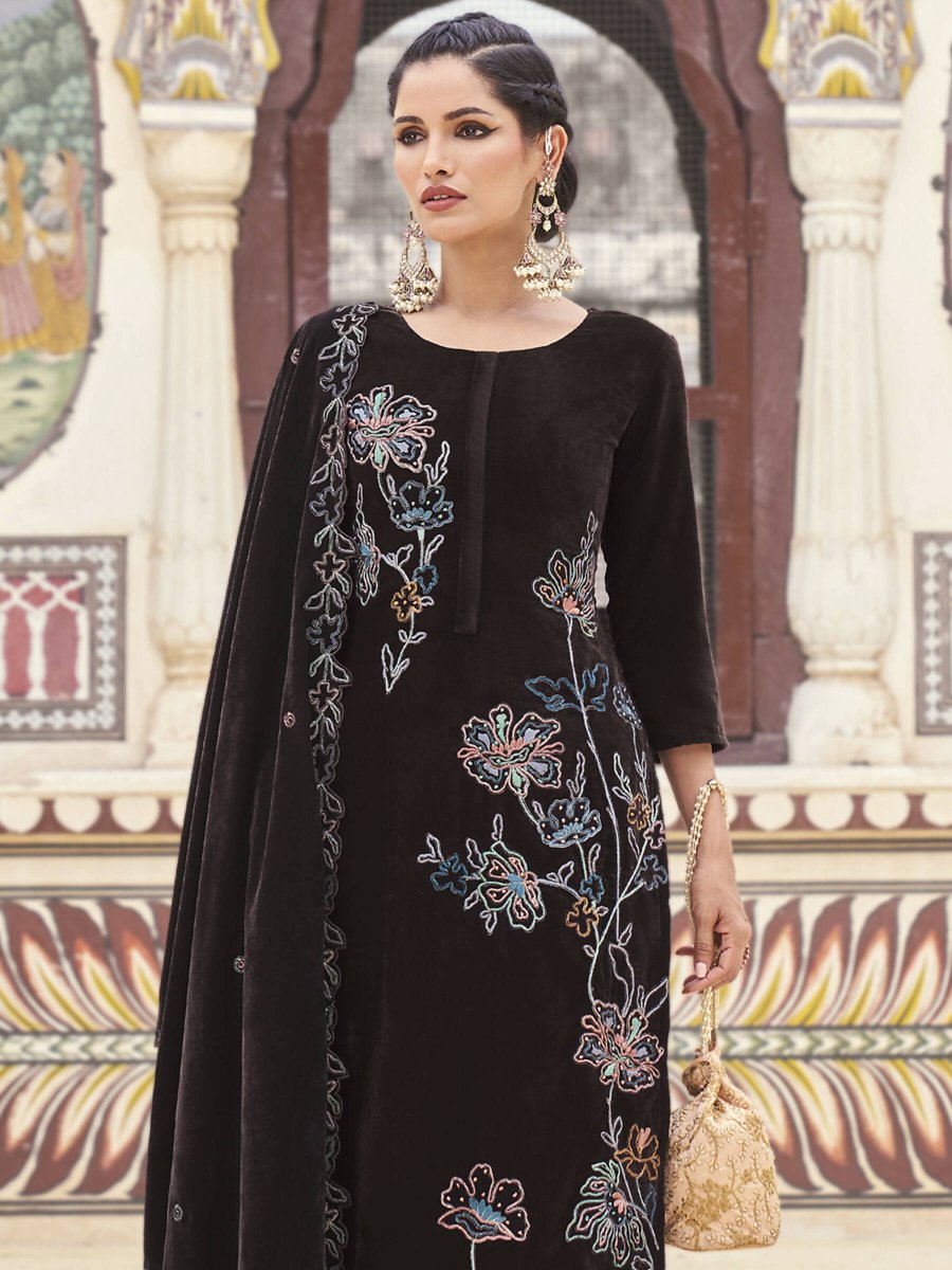 Aastha Fashion Women's Brown Velvet Resham Thread with Jari & Sequin Kurta with Trouser & Dupatta - Distacart