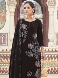 Thumbnail for Aastha Fashion Women's Brown Velvet Resham Thread with Jari & Sequin Kurta with Trouser & Dupatta - Distacart