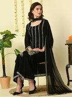 Thumbnail for Myshka Women's Black Georgette Kurta & Palazzos With Dupatta Party Sets - Distacart