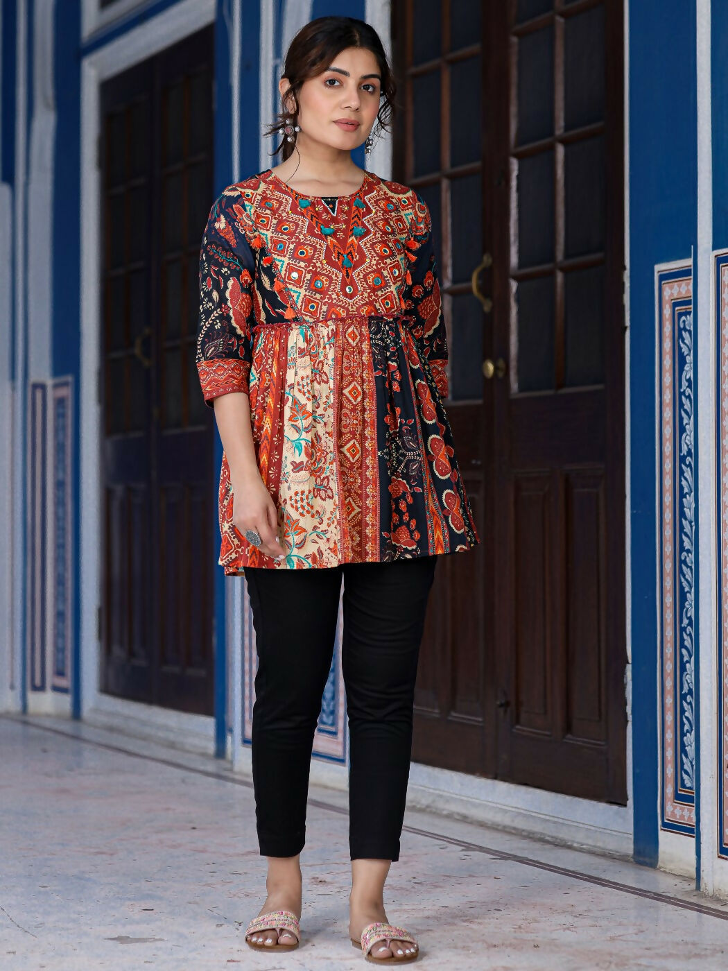 Juniper Women's Multi Colored Ethnic Motif Printed Cotton Peplum Tunic - Distacart