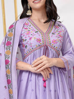 Thumbnail for Vishudh Floral Printed Empire Thread Work Pure Cotton A-Line Kurta & Trouser With Dupatta - Distacart