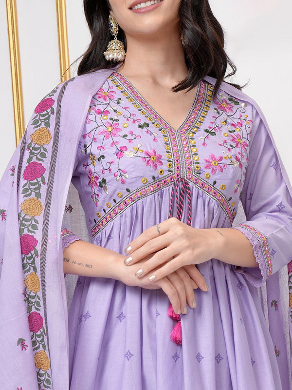 Vishudh Floral Printed Empire Thread Work Pure Cotton A-Line Kurta & Trouser With Dupatta - Distacart