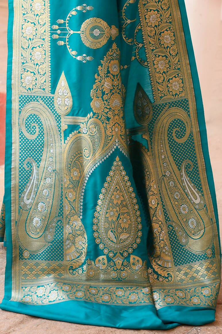 Joban Fashion Teal Green Banarasi Soft Pure Handloom Banarasi Silk Saree