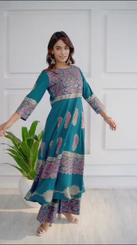 Aniyah Rayon Teal Blue Color Block Print Anarkali Kurta (AN-221K)