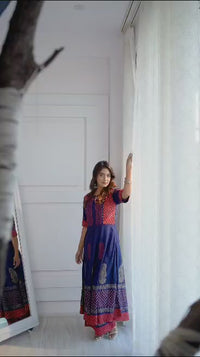 Aniyah Rayon Navy Blue Color Block Print Anarkali Palazzo Set (AN-176K)
