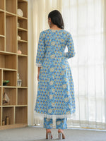 Thumbnail for Yufta Pure Cotton Blue Anarkali Kurta Dupatta Set With Lacework - Distacart