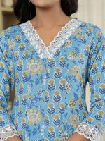 Thumbnail for Yufta Pure Cotton Blue Anarkali Kurta Dupatta Set With Lacework - Distacart