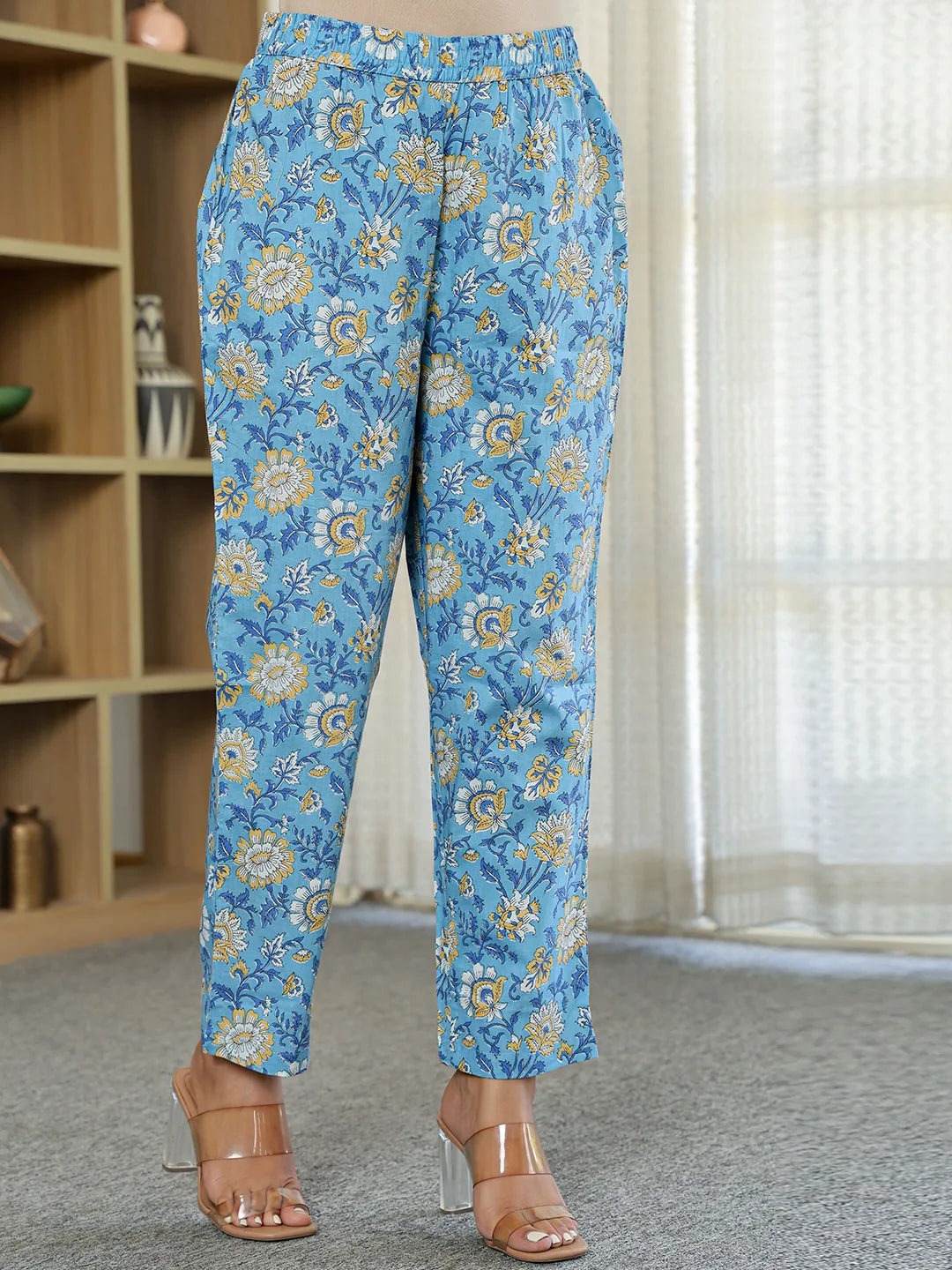 Yufta Pure Cotton Blue Anarkali Kurta Dupatta Set With Lacework - Distacart