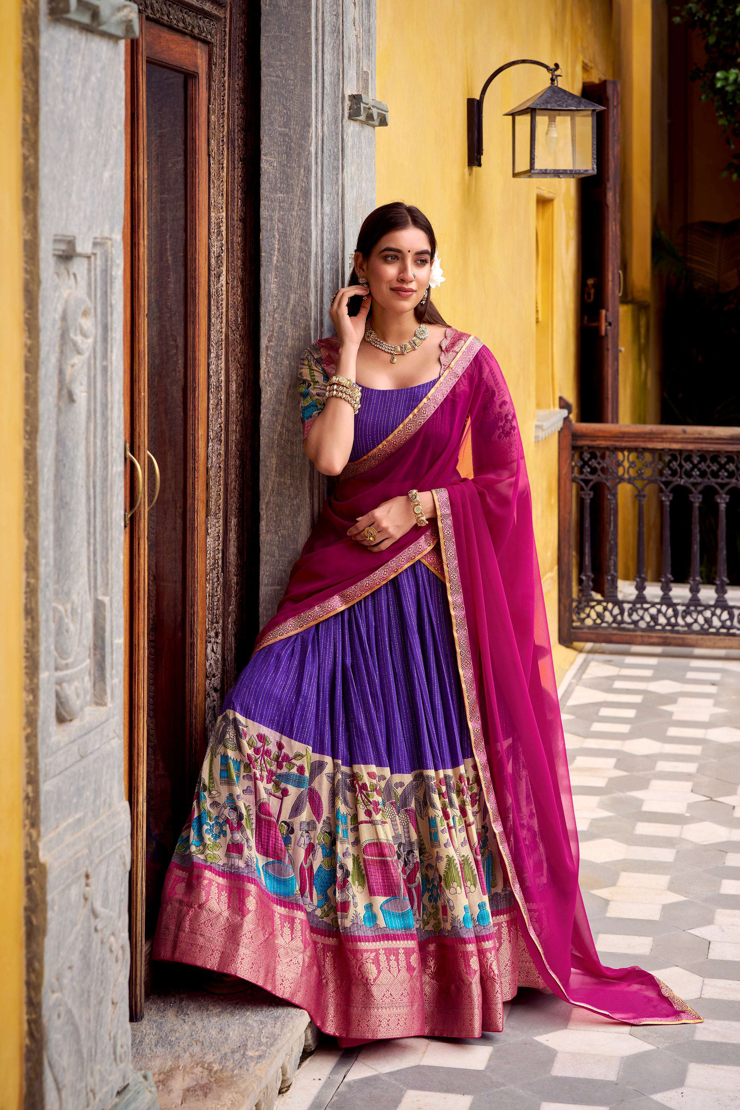 Evanik Purple South Style Kalamkari Print Design Zari Work Unstitched Lehenga Choli