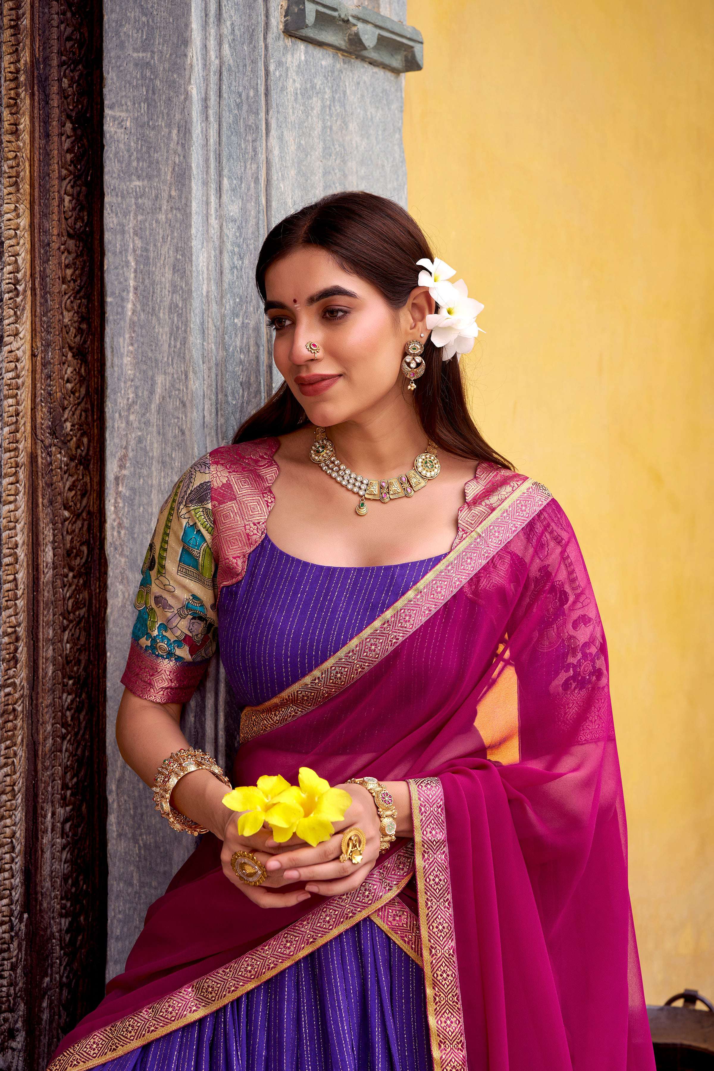 Evanik Purple South Style Kalamkari Print Design Zari Work Unstitched Lehenga Choli