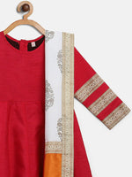 Thumbnail for Ahalyaa Red Poly Silk Anarkali Kids Kurta With Dupatta Set For Girls - Distacart