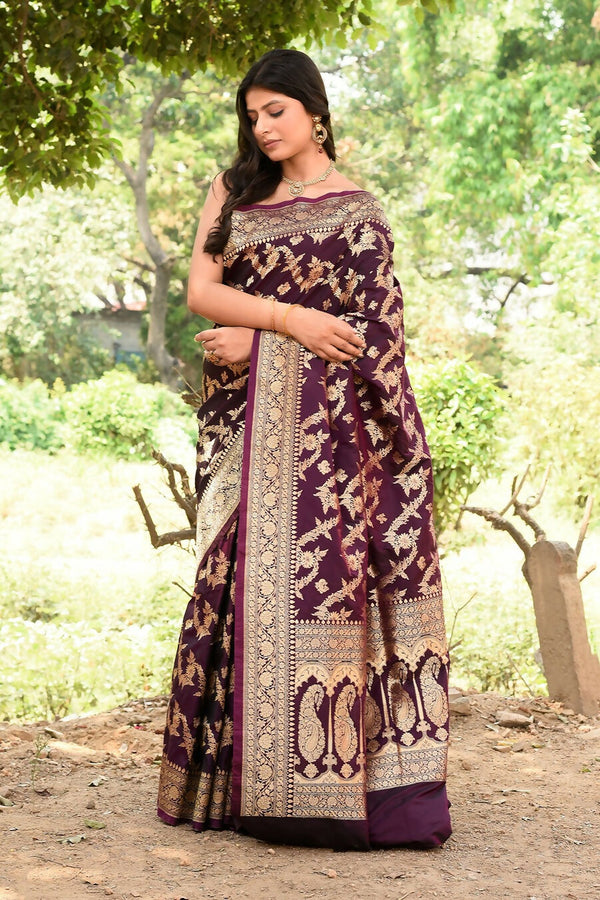 Joban Fashion Wine Banarasi Soft Pure Handloom Banarasi Silk Saree