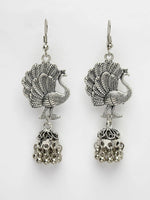 Thumbnail for NVR Women's Silver-Toned Peacock Desing German Silver Oxidised Dome Shaped Jhumka Earrings - Distacart