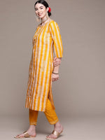 Thumbnail for Anubhutee Yellow Ethnic Motifs Striped Thread Work Pure Cotton Kurta with Palazzos & With Dupatta - Distacart
