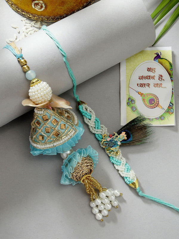 NVR Women & Men Set of 2 Blue Krishna Pearl Bhaiya Bhabhi Rakhi With Roli Chawal - Distacart