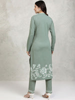 Thumbnail for Vishudh Green Floral Printed Mandarin Collar Straight Kurta with Trousers - Distacart