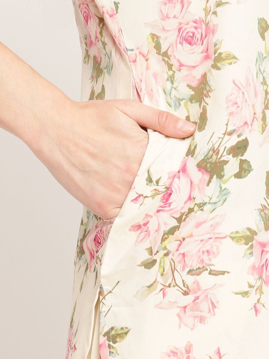 Ahalyaa Women's Beige Crepe Digital Floral Print Kurta Sharara Set with Dupatta - Distacart