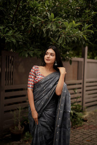 Thumbnail for Grey Pure Linen Ethnic Motifs Saree with Unstitched Blouse - A2M
