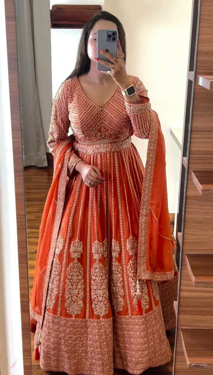 Jyoti Fashion Women's Orange Faux Georgette Sequins with Thread Embroidered Designer Lehenga Choli Set