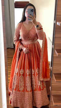 Thumbnail for Jyoti Fashion Women's Orange Faux Georgette Sequins with Thread Embroidered Designer Lehenga Choli Set