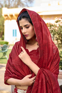 Thumbnail for Vastranavya Ethnic Look Tussar Silk Floral Printed With Foil Work Indian Lehenga Choli - Red