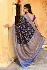 Thumbnail for Joban Fashion Navy Blue Crepe Chiffon Pure Handloom Banarasi Silk Saree
