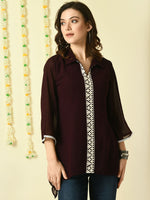 Thumbnail for Myshka Women's Coffee Brown Embroidered Party Fusion Top - Distacart