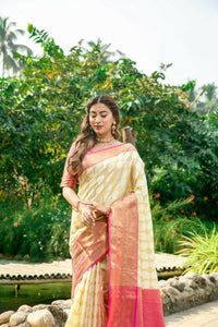 Thumbnail for Aastha Fashion Off White Woven Kanchipuram Silk Saree with Blouse - Distacart