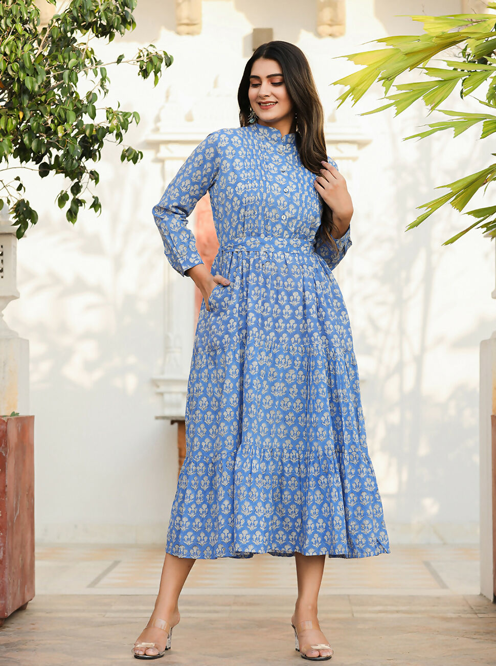 Kaajh Women's Blue Floral Handblock Print Cotton Dress - Distacart