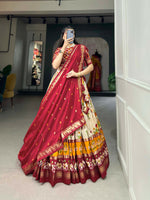 Thumbnail for Vastranavya Floral And Patola Print With Foil Work Lehenga with Unstitched Blouse - Red - Distacart