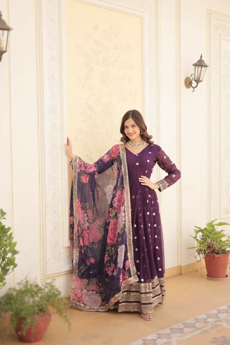 Aastha Fashion Women's Purple Faux Georgette Embroidery Zari Sequins-work Gown with Dupatta