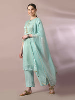 Thumbnail for Myshka Women's Sea Green Solid Straight Party Kurta Set With Dupatta - Distacart