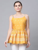 Thumbnail for Ahalyaa Women Mustard Pure Cotton Porcian Print Shoulder Straps Tunic - Distacart