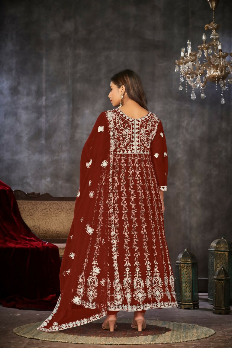 Jyoti Fashion Women's Maroon Net Embroidered Anarkali Kurta Pant Set With Dupatta
