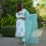 Thumbnail for Vamika Poly Rayon Printed White & Sea Green Party Wear/Casual Wear/Office Wear Kurta Set/Suit - Distacart