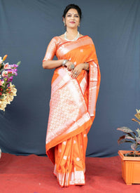 Thumbnail for Aastha Fashion Orange Woven Soft Banarasi Silk Saree with Blouse - Distacart