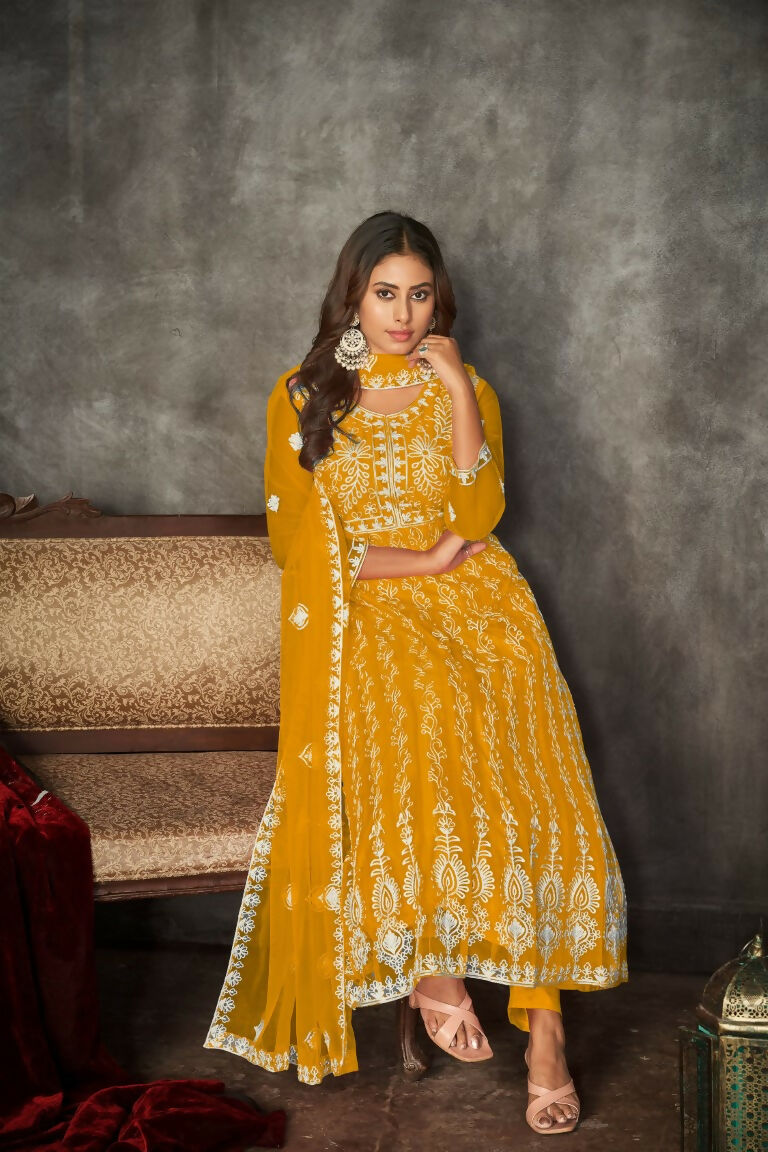 Jyoti Fashion Women's Yellow Net Embroidered Anarkali Kurta Pant Set With Dupatta