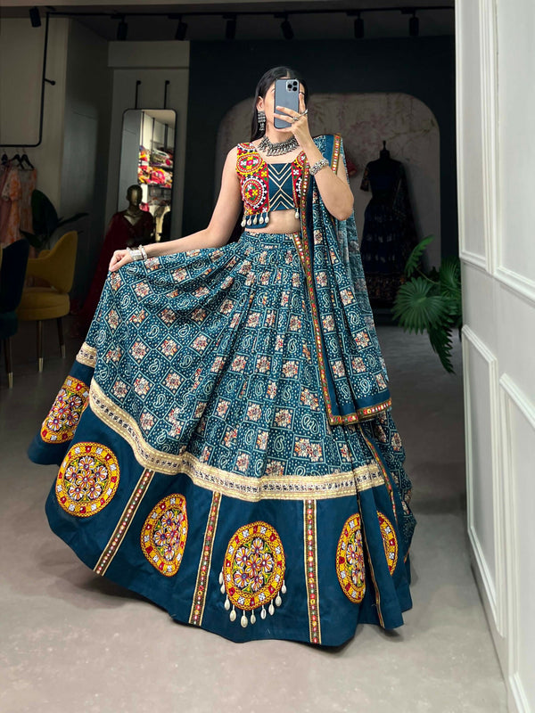 Vastranavya Navaratri Special Pure Rayon Printed With Foil Work And Gamthi Patch Work With Lace Touch Up Lehenga with Stitched Blouse - Teal - Distacart