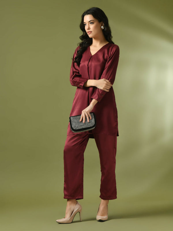 Myshka Women's Maroon Solid Satin V-Neck Party Tunic With Trousers Co-ord set - Distacart