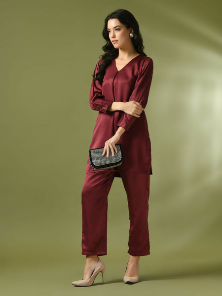 Myshka Women's Maroon Solid Satin V-Neck Party Tunic With Trousers Co-ord set - Distacart
