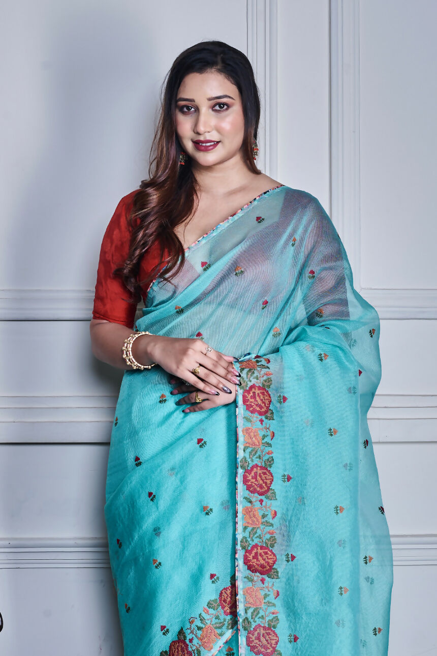 Morchari Green Supernet Cross Stitched Embroidery Saree Unstitched Blouse