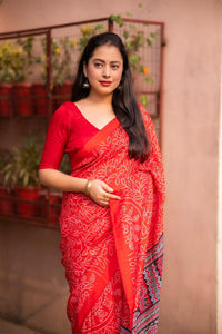 Thumbnail for Red Silk Blend Ajrak Saree with Unstitched Blouse - A2M